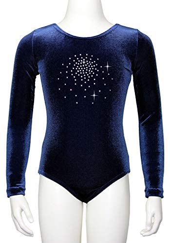 GymStern Langarm Turnanzug Body aus Nicki Samt in Dunkelblau mit Hotfix-Strasssteinen Größe 128