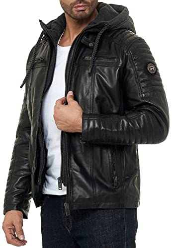 Redbridge Herren Lederjacke Echt-Leder Bikerjacke mit Abnehmbarer Sweat- Kapuze Two in One