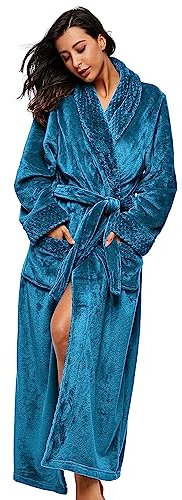 BELLOO Women Winter Soft Warm Housecoat Fluffy Fleece Dressing Gown Full Long, Ocean Blue 16-20 UK