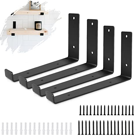 Schwarze Regalhalterung, 4 Stück Heavy Duty Regalhalterungen Industrielle Regalhalterung L-Form Rechtwinklige Eckhalterung für Wandregal mit passender Schraube und Ankern (5.5 x 9 Zoll)