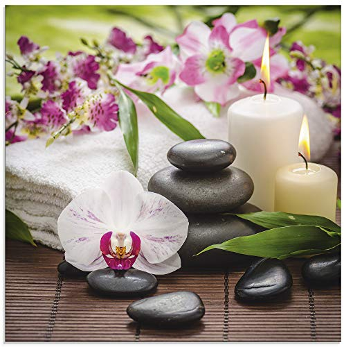 ARTland Wanddeko Glasbilder Wandbild Glas Bild einteilig Quadratisch Wellness Zen Steine Spa Orchideen Bambus Relax Pink Rosa K3AD