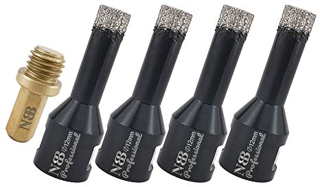 NBB Broca de diamante con M14, corona diamante para taladrar en seco y en húmedo profesionalmente en porcelana,cerámica,baldosas,granito,mármol,azulejo,para Amoladora Angular(12mmx4pcs +1pc Adaptador)