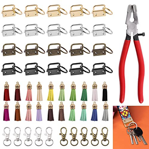 Rustark 51Pcs 4 Colors Key Fob Hardware Kit with Glass Running Pliers, Tassels Keychain Rings Hardware Accessories for Key Chain Making DIY Crafts
