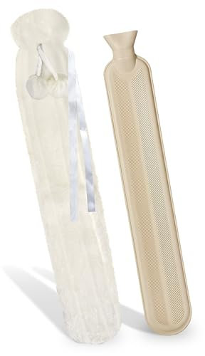 Extra Long Hot Water Bottle with Super Soft Cover Faux Fur Luxury Thermotherapy 2L 76cm Pure Natural Rubber by Crystals® (Cream)