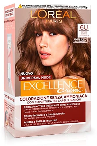 L’Oréal Paris Colorazione Permanente Excellence Universal Nude, Senza Ammoniaca, Con Riflesso Universale, Adatto a Tutti gli Incarnati, Colore Intenso a Lunga Tenuta, Biondo Scuro 6u