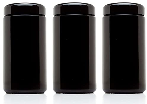ULTRA JARS (Paquet de 3) Pot en verre ultraviolet à large ouverture de 500 ml avec couvercle à vis noir – Hermétique | Anti-fuite | Conteneur de stockage UV | Bidon rechargeable