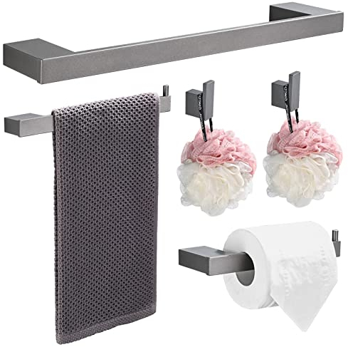 HANFU Accesorios Baño Set de 5 Piezas, Toalleros de Baño de Pared Aluminio, Toallero 40cm, Toallero de Papel y Gancho para Toalla de Baño, Colgador Toalla Baño Juego Cuartos Set de Baño, Gris