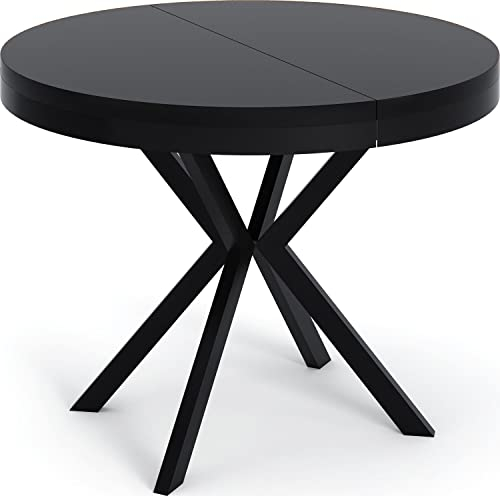 WFL GROUP Runder Ausziehbarer Esstisch - Loft Style Tisch mit Metallbeinen - 100 bis 180 cm - Industrieller Tisch für Wohnzimmer - Kompakt - 100 cm - Schwarz