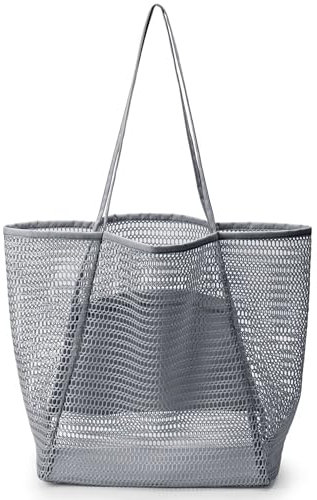 Bolsa de malla extra grande con bolsillo con cremallera bolsa de playa de verano de hombro grande bolsa de compras plegable reutilizable bolsa de viaje ligera para pícnic comestibles vacaciones gris