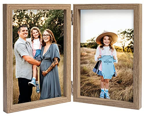 Cadre Photo Double 10x15 cm, Cadre en Bois Pliable avec Vitre, Cadres Photo pour Table, Cadeau pour Famille, Amis, Grain de bois
