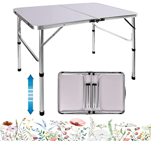 VickyHome Portable Folding Table 2 Adjustable Heights, Collapsible Aluminum Fishing Card Garden Camping Table with Carry Handle Lightweight Outdoor Picnic BBQ Party Table(90x60x67cm)