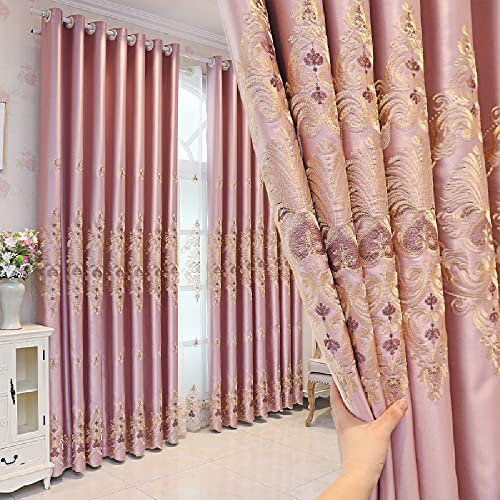 Amidoudou 1 Paar Jacquard-Vorhänge, bestickt, für Wohnzimmer, Schlafzimmer, Rosa, 130 x 244 cm