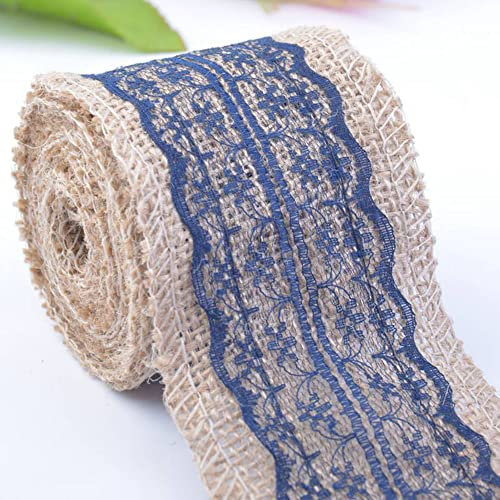 6m Juteband mit Spitze, Breite 6cm Vintage Spitze Juteband Jutebänder, Natürliche Jute Bänder und Spitze Dekoband für DIY Basteln Hochzeit Geschenkverpackung Weihnachten Deko Hausdeko, Navy blau