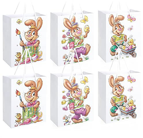 com-four® 6x Ostertasche mit Motiv - Papierbeutel zum Befüllen - Ostertüte für Geschenke und Ostereier - Geschenktasche aus Papier mit Tragekordel im Osterdesign (06 Stück - mittel - Hasen)