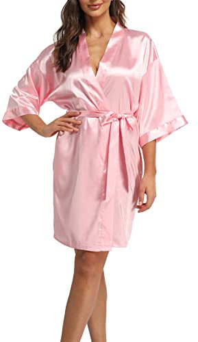 Teemie Peignoir de Bain Femme Satin Kimono Court Robe de Chambre Chemise de Nuit Mariée Mariage Veste de Pyjama Rose XL