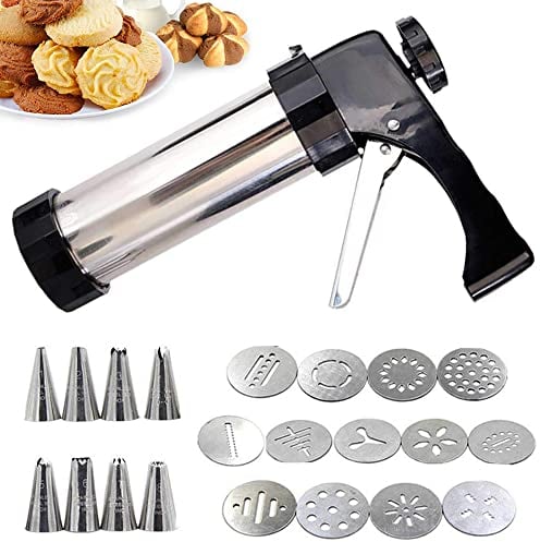 Djioyer Kekspresse, Kekspresse Pistole mit 13 Spritz Cookie Press Schablonen Scheiben und 8 Zuckergussspitzen, Edelstahl Kekspresse zum Backen, perfekt für DIY Keksmacher, Kuchen Zuckerguss Dekoration