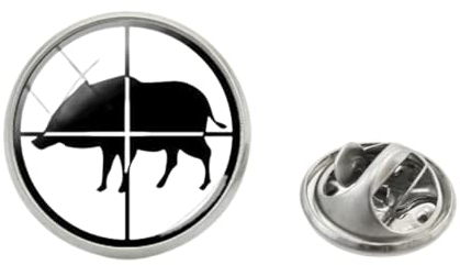 Anstecknadel mit Wildschwein-Jagd-Logo, Edelstahl, Glas-Cabochon, handgefertigter Schmuck, Metall