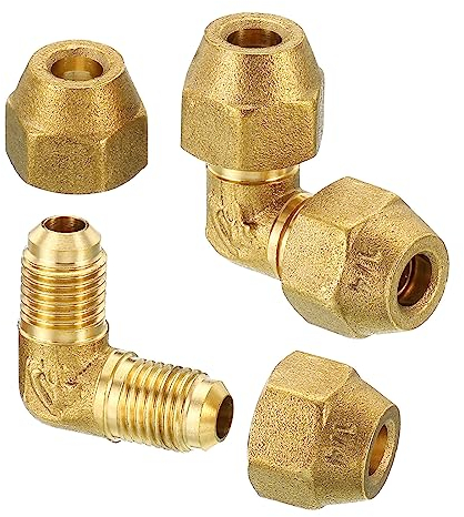 PATIKIL 1/4 x 1/4 Brass Pipe Fitting, 2 Pack Flare 90 Degree Elbow Tube Fitting Pipe Adapter Connector with Nut for Air Conditioner Refrigeration Plumbing