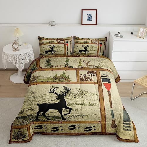 Farmhouse Lake House Decor Tröster-Set Twin, rustikale Jagd Hirsch Bettwäsche für Kinder Jungen Mädchen Teenager, Retro Wildtiere Daunendecke, Waldkiefer Paddel Plaid Dekor Steppdecke, 2 Stück