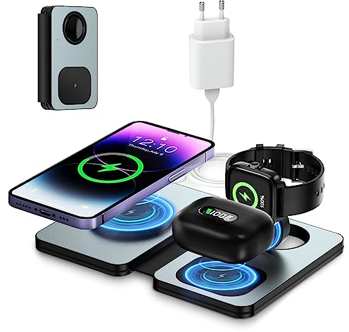 Olycism 15W Faltbar Kabelloses Ladegerät 3 in 1 kompatibel mit iPhone 15 14 13 12 11 Pro Max/Mini/XS/XR Magnetic Wireless Charger für iWatch 8/7/6/SE/5/4/3/2 Air Pods mit Adapter Grau