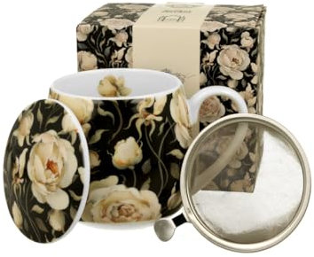 DUO FLORAL Fassbecher 430 ml ENGLISH ROSES BLACK mit Teesieb, New Bone China Porzellan