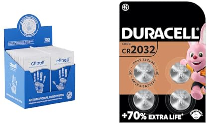Clinell Antimicrobial Hand Wipes - Sanitising Wipes, Ideal for Travel - Dermatologically Tested & DURACELL 2032 Lithium Coin Batteries 3V (4 Pack) - Up to 70% Extra Life - Baby Secure Technology
