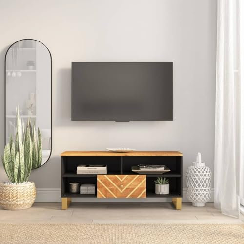 ShGaxin 356799 Meuble TV en bois massif avec manche marron et noir 100 x 33,5 x 46 cm