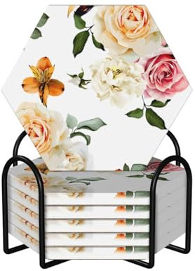 Sottobicchieri esagonali in ceramica 6 pezzi Crema Shabby Rose Flower Stampato: Fondo in sughero antiscivolo Adatto a tutte le tazze da caffè e tazze sportive ​