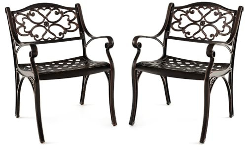 GOPLUS 2 PCS Chaises de Jardin Exterieur en Fonte d'Aluminium, Siège Incurvé et Large, Fauteuil de Jardin, Design Ajouré, Charge 150KG, pour Terrasse, Patio, Cour (Bronze,2 * 60x56,5x82-Fleur)