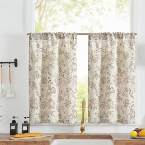 TOPICK Leinen Scheibengardinen 2er Set H90xB65(cm) Blumen Küchenvorhänge Kurz Bedrucktem landhausstil Bistrogardine Halbtransparent Gardinen Fenster Vorhänge für Wohnzimmer Braun auf Beige