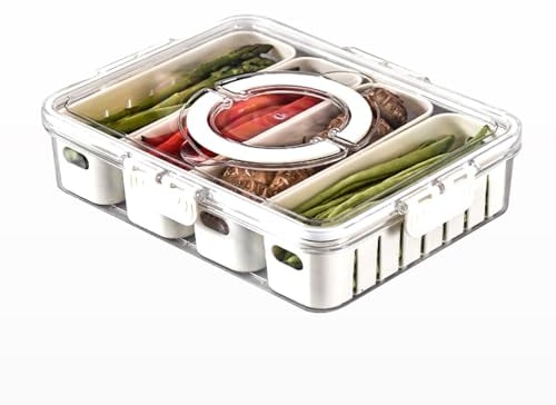 VZU Refrigerator Crisper Box with Lid, 4 Compartment Fridge Food Veggie Condiment Divided Serving Preservation Storage Containers, Air Tight Food Storage Container with Drainage Function