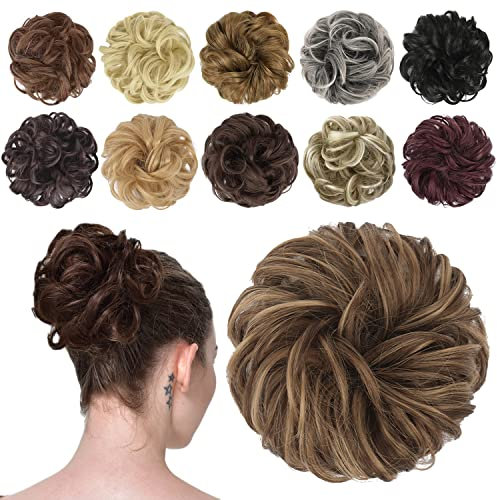 FESHFEN Moños Postizos Coleteros Pelo Mujer Postizos de Pelo Natural Rizado Ondulado Postizos Moño y Coletas Sintético Extensiones de Cabello, 42 g Castaño Ceniza Claro Mezcla Castaño Dorado