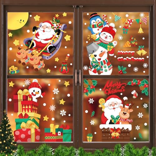 Zindoo Pegatinas Navidad para Ventanas - 146 PCS Coloridos Reutilizables Estampadas por Ambas Caras - Decoración Electrostática para Cristal, Puertas, Espejos y Neveras
