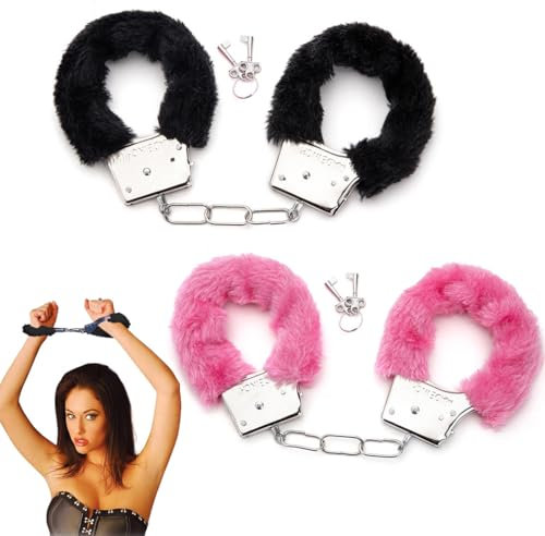 2 Paar Metall Handschellen mit Schlüssel Set,Rosa Plüsch Handfesseln für Cosplay, Partyzubehör, Sexy Schwarz Metall Handschellen für Polizei-Kostüm-Requisite, Geschenke, Valentinstagsgeschenke