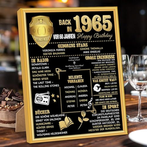 Benjia Geschenk 60 Geburtstag Mann Frau - Back in 1965 Gold Rahmen Gerahmt Poster Germany - 60. Geburtstag Geschenk Bild Karte Schild Dekoration Geburtstagszeitung Frauen Männer (20x25cm,Schwarz)