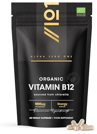 Organic Vitamin B12 1000mcg - Sourced from Chlorella – 60 Vegan Capsules – Contributes to Normal Functioning of the Nervous System - By Alpha01