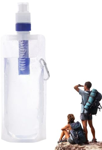 Yulokdwi Botella de agua filtrada plegable, botellas de agua plegables para viajes con filtro,Botella purificadora de agua | Contenedor de filtro de botella de agua de 1000ml, bolsa de agua filtrada