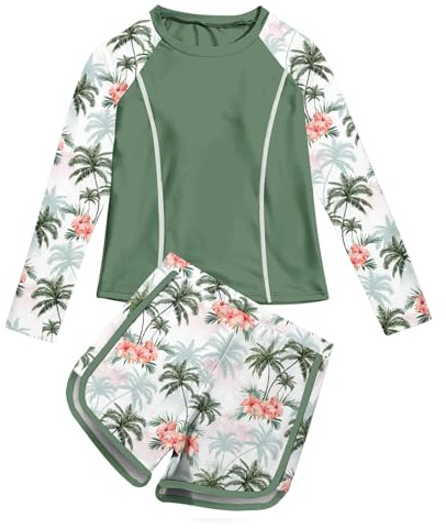 Vogseek Big Girls Long Sleeve Rash Guard Swimsuits Size 10-12 Summer Beach Hawaii Floral Bathing Suits Tween Girl's Teal Green Swimming Shorts Set Youth Quick Dry UPF 50+ Crewneck Shirt
