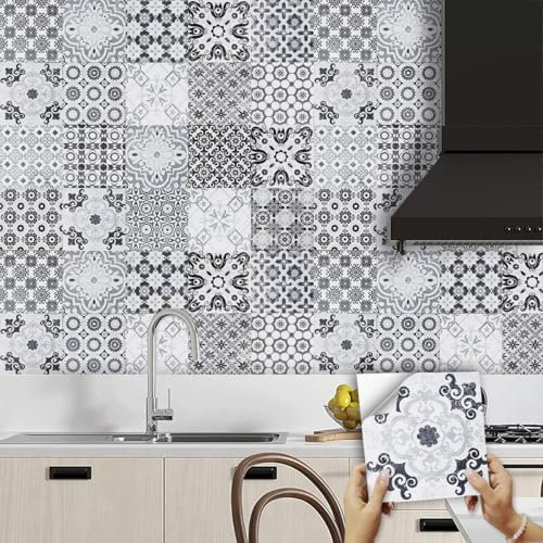 Mosaikfliesen Elfenbeinweiß Grau Fliesenaufkleber PVC Hitzebeständig Klebefliesen Küche Bad Wasserdicht Tile Sticker Ölfest Selbstklebende Fliesen Badezimmer Küchenrückwand 10x10cm/20 Pcs