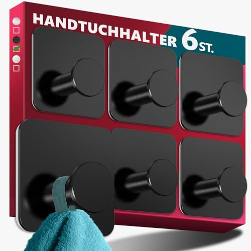 Menz Handtuchhalter ohne Bohren Edelstahl, 6er Set, Schwarz | Wasserfeste Badezimmer Handtuchhalter, moderne Klebehaken fürs Bad, Haken selbstklebend als stabil Handtuchhaken