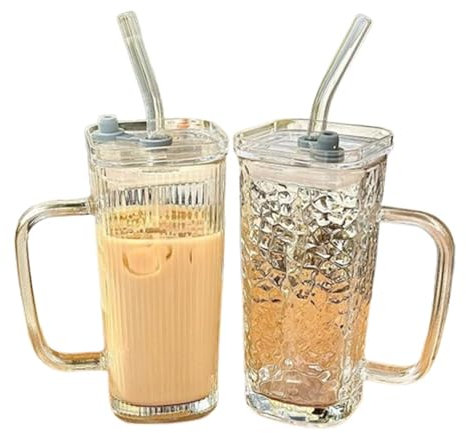 RRMMAN Glass Cups with Lids and Straws, 2PCS 250ml/8.5oz Clear Glass Straw Cup, Glass Water Cup,Smoothie Cup,Beer Cup,Ice Coffee Cup,Fits in Cup Holder Glass Tumbler with Handle for Cocktail Soda Ice