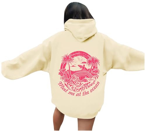 Generisch Pink Palm Puff Hoodie Damen Oversize Sweatshirt Rückendruck Pullover mit Kapuze Langarm Kapuzenpullover Übergangs Hoody Y2K Streetwear für Mädchen Hoodies Pink College Sweatshirt (Beige, S)