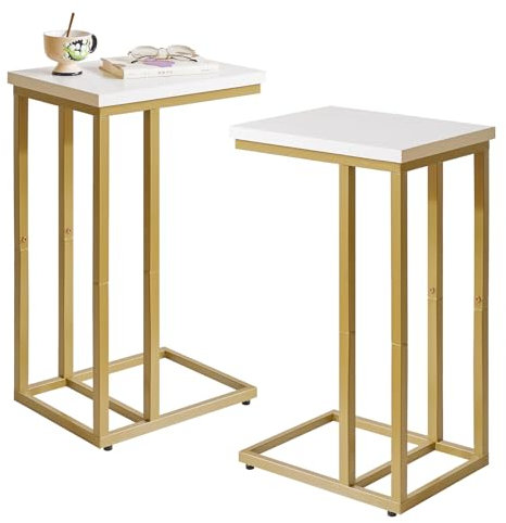 Aibiju 2er-Set Kleiner Beistelltisch für Laptop, Beistelltisch für Sofa, Couchtisch mit Metallrahmen für Wohnzimmer, Schlafzimmer, Balkon, Weißes und Goldenes Metallgestell, YD-TM051WG-2
