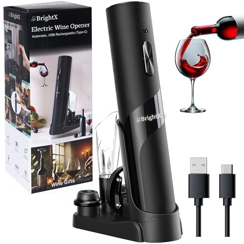 Electric Wine Bottle Opener Gift Set - Automatic Vacuum, Rechargeable, Foil Cutter & Charging Base – Wine Accessories Kit with Cork Removal, Best Wine Gifts for Women, Men, Wine Lovers (Black)