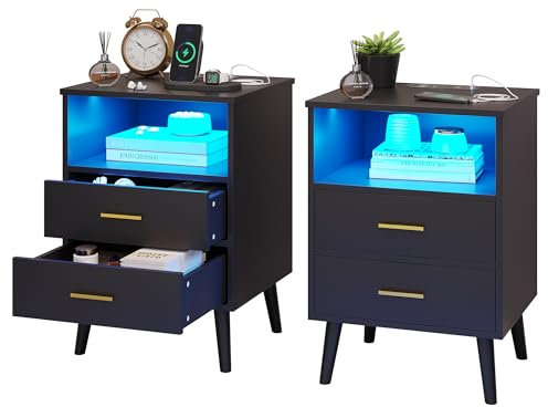 Vlsrka LED Nachttisch 2er Set mit Geheimfach, Nachttisch mit Ladefunktion, Modern Nachttische mit Versteck und 2 Schubladen, Nachttische Holz für Schlafzimmer, Drahtlose Laden, 3 Farben Licht, Schwarz