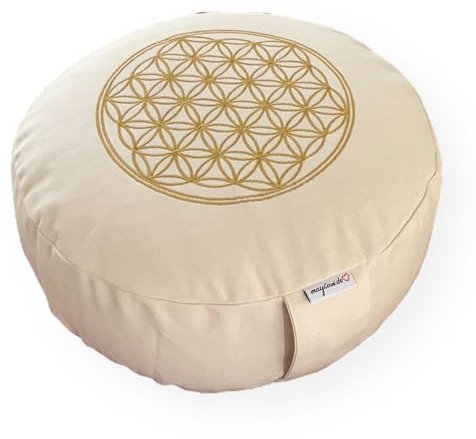 maylow Yoga mit Herz Yogakissen Meditationskissen Stickerei Blume des Lebens 33x15 cm für Anfänger und Geübte Bio-Dinkelspelz Füllung Bezug und Inlett Baumwolle waschbar (natur)