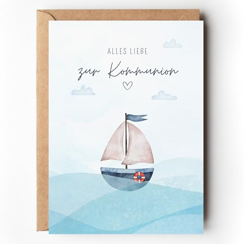 Paperlane by Essi Glückwunschkarte zur Kommunion maritim, Kommunionskarte für Jungen Segelboot Aquarell, A6 Karte mit Umschlag für Geld Geschenk Erstkommunion Mädchen (1 Karte mit Umschlag)