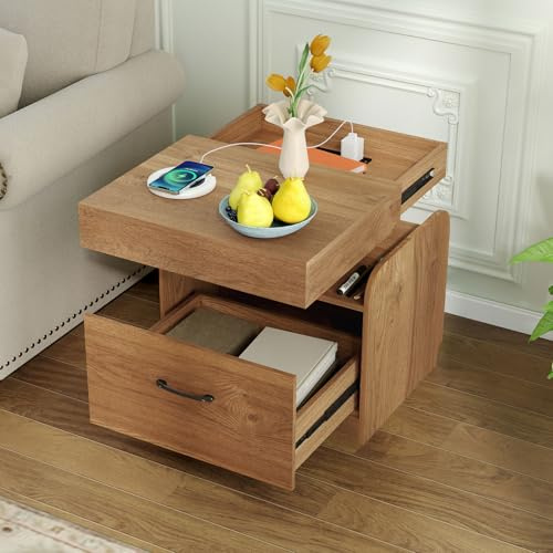 COSTWAY Nachttisch mit Ladestation & Geheimfach, Beistelltisch mit Schublade, Nachtschrank mit offenen Fächern, Sofatisch für Wohnzimmer, Schlafzimmer, 50 x 40 x 55 cm (Natur)
