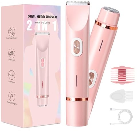 Rasierer Damen,2-in-1 Doppelkopf Intimrasierer für Frauen mit USB-C-Laden, Damenrasierer Elektrisch für Gesicht, Beine und Arme, Bikini trimmer mit Wasserdichter Trimmerkopf, Leicht zu Reinigen
