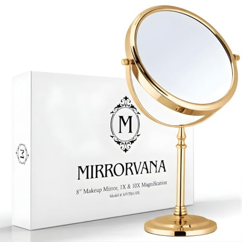 Mirrorvana Großer Kosmetikspiegel, Doppelseitig 10X/1X, 38 x 20 cm (Gold) | Eleganter Standspiegel 10-fach – großer Schminkspiegel & Tischspiegel für präzises Make-up und Styling im Bad & Schlafzimmer